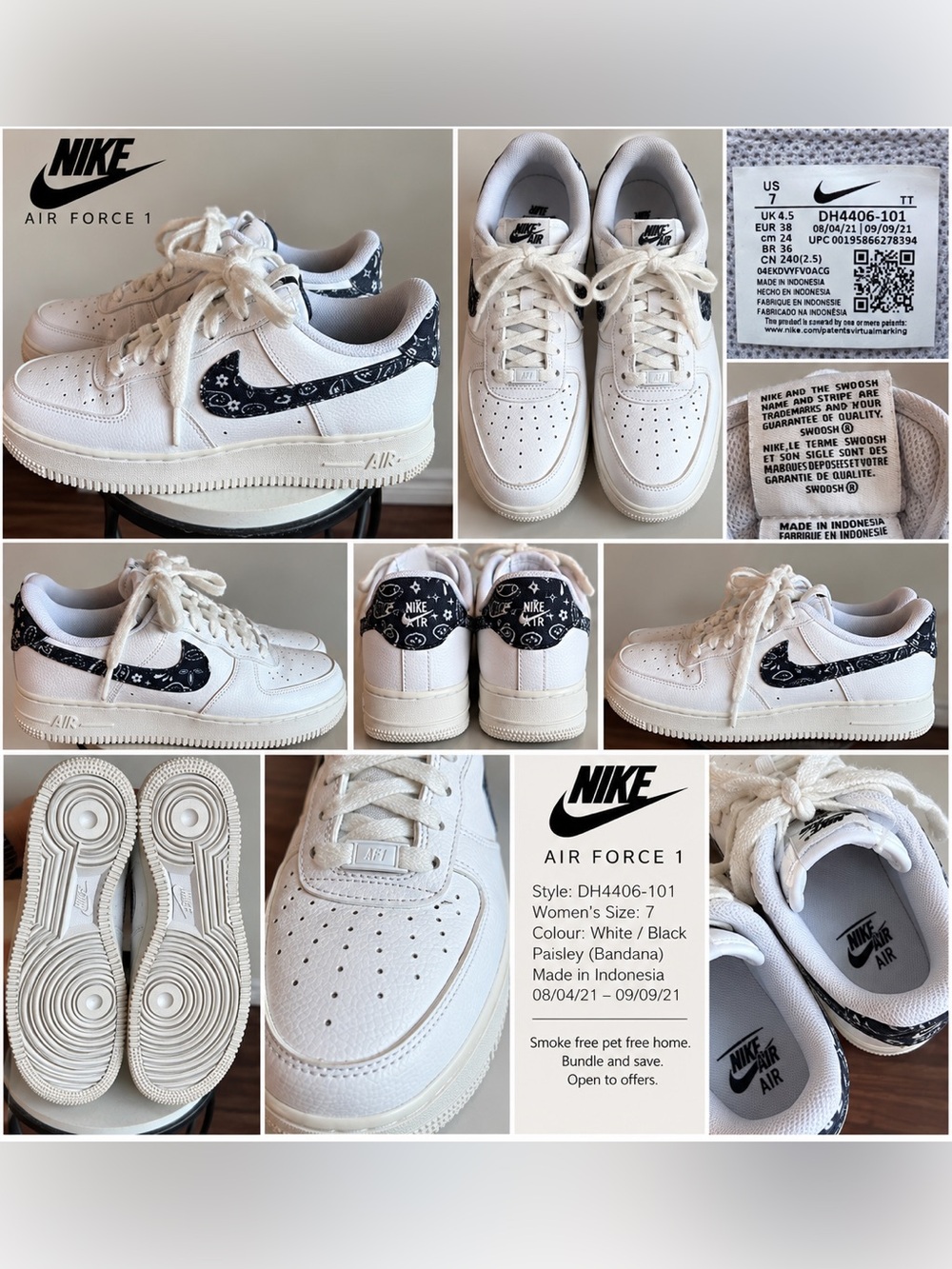 Nike Air Force 1 ’07 White Black Paisley Bandana Women’s Size 7 DH4406-101